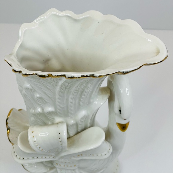 Vintage Ceramic Swan Vase About 9.75” White With Gold Accents - Picture 2 of 10